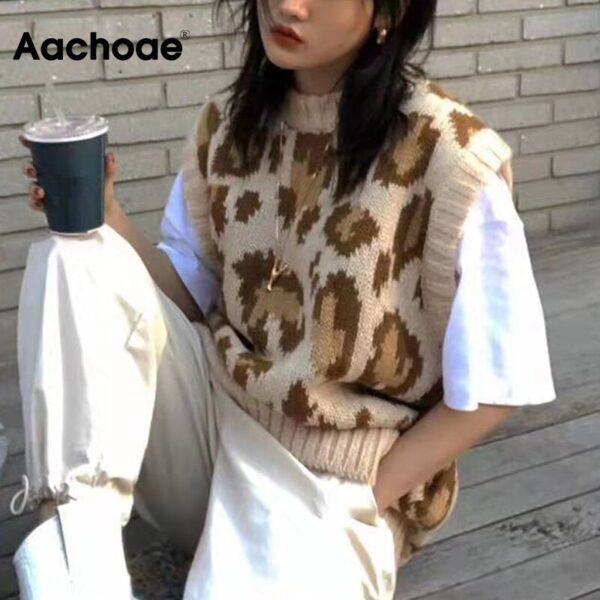 Aachoae High Street Leopard Sweater Vest Women O Neck Pullover Sweaters Sleeveless Loose Fashion Knit Ladies Tops Autumn Spring