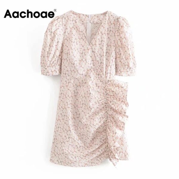 Aachoae Vintage Floral Print Ruffle Mini Dress Women Puff Short Sleeve Elegant Party Dress Ladies Boho V Neck Summer Dresses