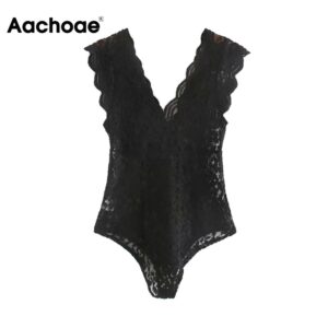 Aachoae Black White Color Sexy V Neck Bodysuit Women Sleeveless Bodycon Lace Bodysuits Ladies Summer See Through Bodies Mujer