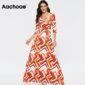 Aachoae 2020 Fashion Geometric Print Long Dress Women Spring Half Sleeve Casual Maxi Dresses Ladies Sexy V Neck Boho Beach Dress