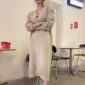 Aachoae 2020 Korean Chic V Neck Knitted Dress Women Loose Casual Long Sleeve Sweater Dressses Elegant Long Dress Vestidos