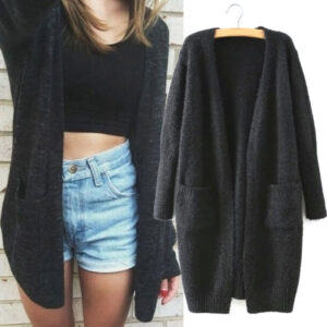 Winter Long Sleeve Knitted Cardigan Women Fluffy Sweater Pocket Outwear Coat Jacket Ladies Basic Sweater Black