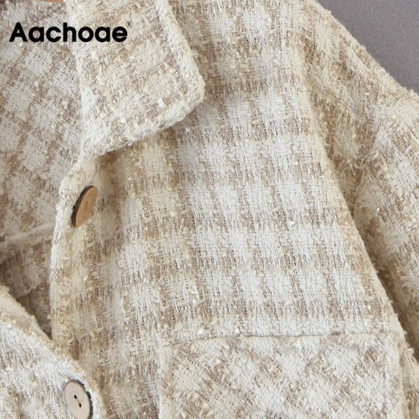 Aachoae Fashion Plaid Tweed Shirt Jacket Women Vintage Long Sleeve Pockets Outerwear Tops Loose Irregular Hem Jakcet Coat