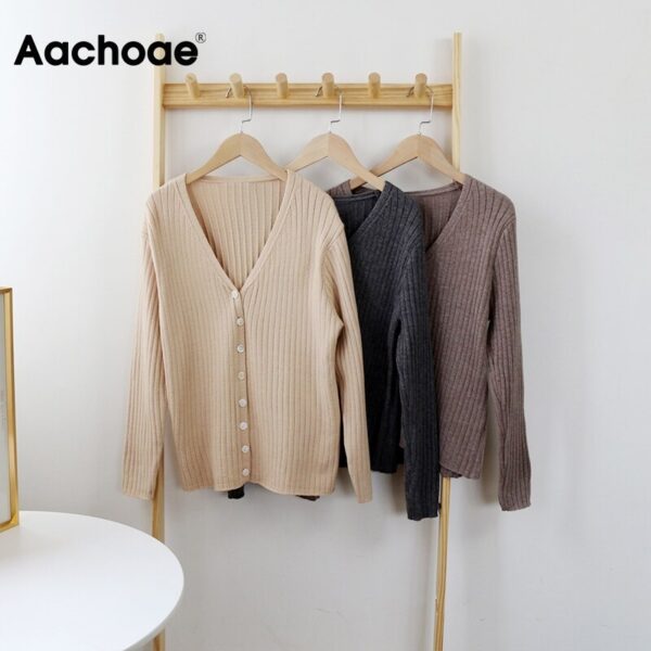 Aachoae 2020 Autumn Casual Knitwear Sweater Women V Neck Solid Cardigan Tops Long Sleeve Ladies Sweaters Winter Cardigans Mujer