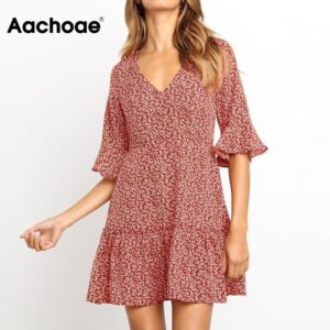 Aachoae Casual V Neck Summer Mini Dress Women Floral Print Elegant Ruffle Short Sleeve Dresses Vintage A Line Sashes Dress Robes