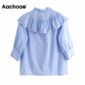 Aachoae Elegant Blue Color Cotton Blouse Women Chic Hollow Out Embroidery Shirt Female V Neck Retro Ladies Tops Vetement Femme