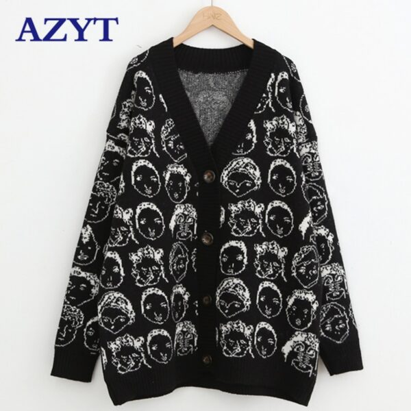AZYT Autumn Winter New Comic V neck Cardigan Female Jacket 2020 Knitwear Sweater Coat Casual Knit Jacket Sweater For Women
