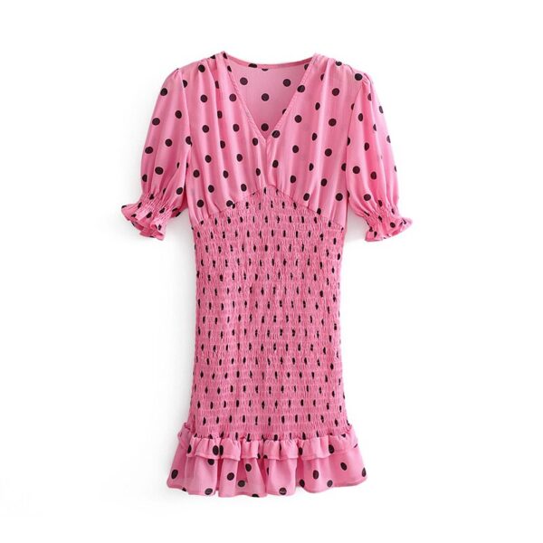 Aachoae Women Chic Polka Dot Party Mini Dresses 2020 V Neck Short Sleeve Pink Pleated Dress Ruffle Elastic Casual Dress Vestidos