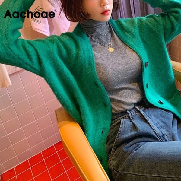 Aachoae Pure Cardigan Sweater Women Loose Korean Style Knitted Tops Lady Long Sleeve Pocket Casual Sweaters V Neck Outerwear