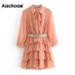 Aachoae Pink Color Dot Embroidery Chic Chiffon Dress Bow Tie Collar Bandage Bud Dresses Lady See Through Sleeve Mini Dress Women