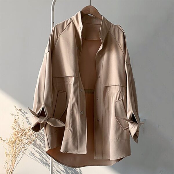 Aachoae 2020 Women Solid Casual Trench Bow Tie Batwing Sleeve Pockets Coat Female Stand Collar Single Breasted Korean Outerwear