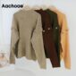 Aachoae Solid Knitted Sweater Women Batwing Sleeve Loose Casual Lady Pullover Sweaters Button Decorate O Neck Tops Pull Femme