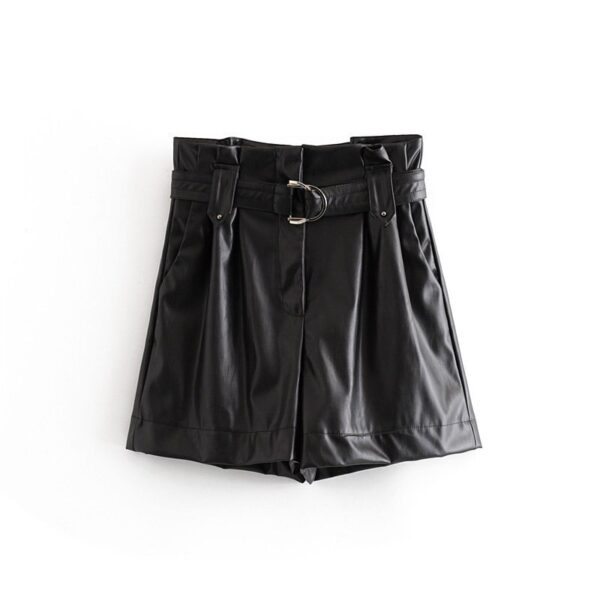 Aachoae 2020 Pu Leather Shorts Women High Waist Black Short With Belt Autumn Winter Female Faux Leather Pleated Mini Short Pants