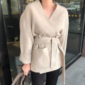 Aachoae Women Solid Woolen Coat Elegant V Neck Bandage Jacket Female Batwing Long Sleeve Loose Pocket Coat Lady Outerwear