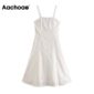 Aachoae Sexy Spaghetti Strap White Dress Summer Embroidery Backless Party Dress Women Solid Beach Knee Length Dress Vestidos