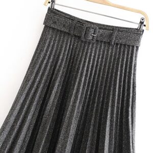 Aachoae Women Pleated Skirt Spring High Waist Belt Solid Color Zipper Lady Skirts Elegant Female Saias Loose Mid-length Skirt