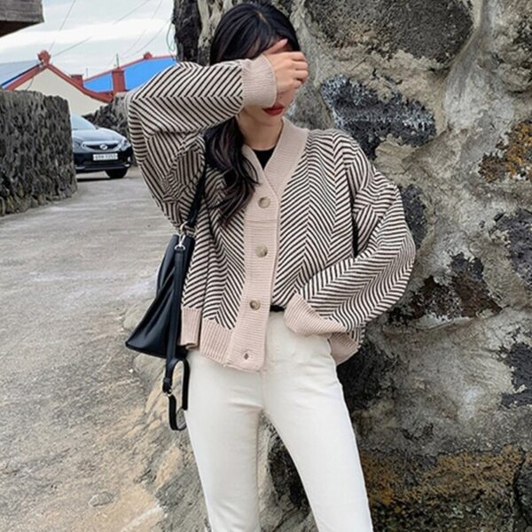 Aachoae Knitted Striped Cardigan Sweater Women Fashion Patchwork Top Spring 2020 Long Sleeve Casual Outwears V Neck Buttons Coat