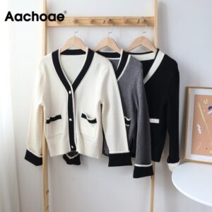 Aachoae Chic Patchwork Cardigan Top Women Casual V Neck Single Breasted Knitwear Sweater Autumn Winter Long Sleeve Pockets Coat