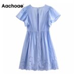 Aachoae-V-Neck-Loose-Cotton-Blue-Dress-Summer-Flare-Short-Sleeve-Embroidery-Mini-Dress-Women-Casual-Pleated-Dress-Femme-Robe