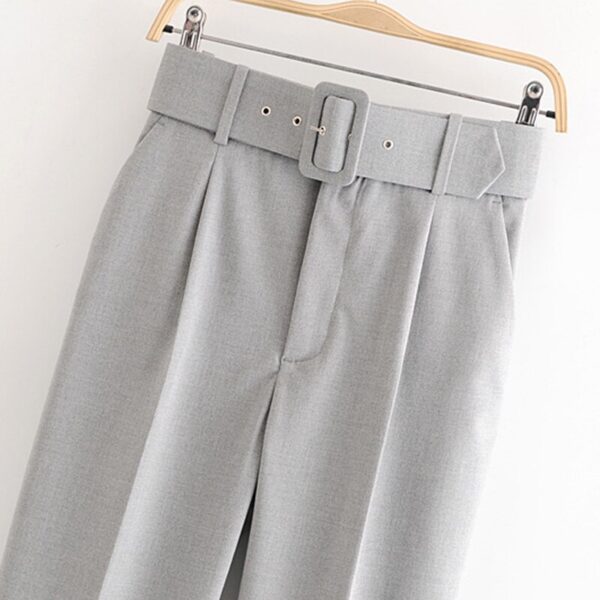 Aachoae Women Office Lady Gray Suit Pants With Belt 2020 High Waist Casual Long Trousers Female Pockets Pleated Solid Pants