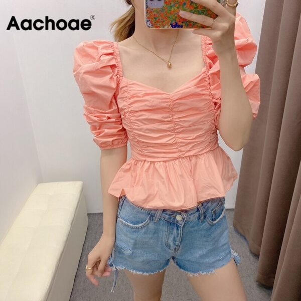 Aachoae Solid Chic Ruffled Cotton Blouse Women Sweet V Neck Stretch Pleated Crop Top Female Puff Long Sleeve Stylish Shirt Blusa