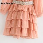 Aachoae-Pink-Color-Dot-Embroidery-Chic-Chiffon-Dress-Bow-Tie-Collar-Bandage-Bud-Dresses-Lady-See-Through-Sleeve-Mini-Dress-Women