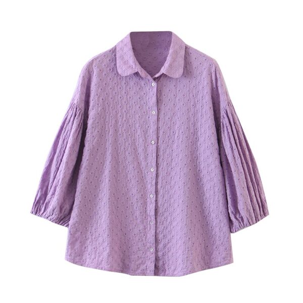 Aachoae Women Eleagnt Floral Embroidery Blouses 2020 Chic Lantern Sleeve Purple Blouse Retro Turn Down Collar Shirt Tops Blusas