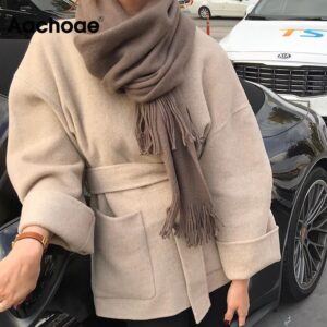 Aachoae Women Solid Woolen Coat Elegant V Neck Bandage Jacket Female Batwing Long Sleeve Loose Pocket Coat Lady Outerwear