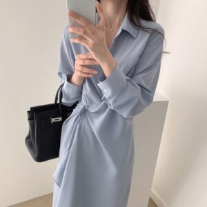 Aachoae Solid Elegant Shirt Dress Women Pleated Stylish Dress Office Wear Midi Dress Turn Down Collar Chic Dresses Ropa De Mujer