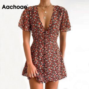 Aachoae Sexy Deep V Neck Floral Dress Summer 2020 Flare Short Sleeve Boho Beach Mini Dress Single Breasted Chiffon A Line Dress