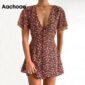 Aachoae Sexy Deep V Neck Floral Dress Summer 2020 Flare Short Sleeve Boho Beach Mini Dress Single Breasted Chiffon A Line Dress