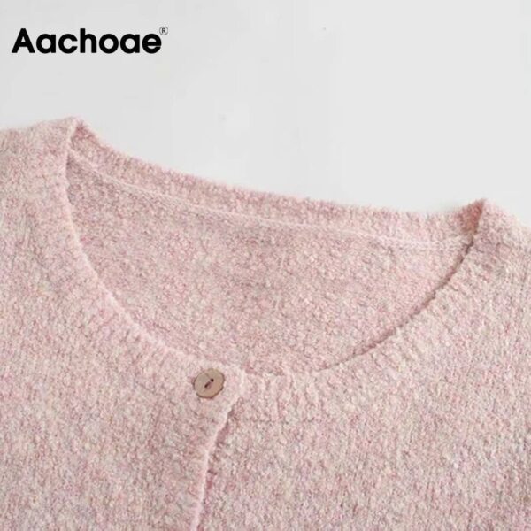 Aachoae Casual Lantern Long Sleeve Knitted Tops Lady O Neck Pink Color Cropped Sweater Women Elegant Cardigan Sweater Pull Femme