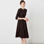 Aachoae-Elegant-A-line-Pleated-Dress-Women-Vintage-Dot-Print-Office-Midi-Dresses-Casual-O-Neck-Three-Quarter-Sleeve-Tunic-Robe