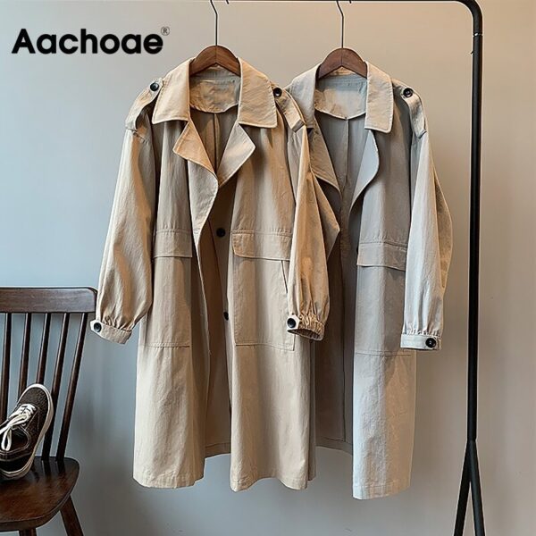 Aachoae Women Fashion Trench Coat 2020 Solid Casual Loose Long Windbreaker Single Breasted Pockets Ladies Outwear Ropa Mujer