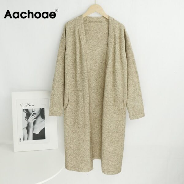 Aachoae Solid Knitted Long Sweater Women Batwing Long Sleeve Loose Casual Cardigans Sweaters Pocket Soft Home Style Ladies Tops