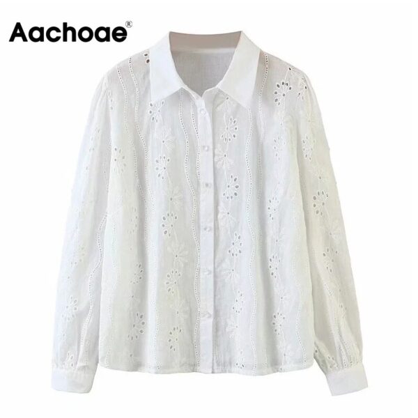 Aachoae Women Chic Floral Embroidery Cotton Blouse Shirt 2020 Elegant Turn Down Collar Shirt Long Sleeve Casual Blouses Tops