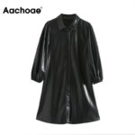 Aachoae-Women-Black-Color-PU-Leather-Mini-Dress-Lantern-Long-Sleeve-Streetwear-Female-Dresses-A-Line-Turn-Down-Collar-Sundresses