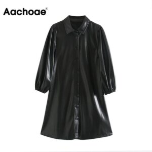 Aachoae Women Black Color PU Leather Mini Dress Lantern Long Sleeve Streetwear Female Dresses A Line Turn Down Collar Sundresses