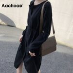 Aachoae-Casual-O-Neck-Knitted-Midi-Dress-Women-Long-Sleeve-Button-Up-Sweater-Dresses-Autumn-Solid-Color-Chic-Dress-With-Belt