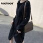 Aachoae Casual O Neck Knitted Midi Dress Women Long Sleeve Button Up Sweater Dresses Autumn Solid Color Chic Dress With Belt
