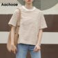 Aachoae Casual Striped T Shirt Women O Neck Loose Tshirt Female Short Sleeve Basic Ladies Tops Work Wear Cotton Tee Shirt Femme
