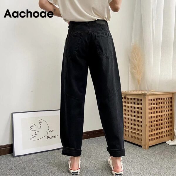 Aachoae Fashion Mom Jeans Women High Waist Cargo Pants Loose Pockets Solid Denim Trousers Zipper Fly Long Jeans Ladies Bottoms