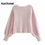 Aachoae-Casual-Lantern-Long-Sleeve-Knitted-Tops-Lady-O-Neck-Pink-Color-Cropped-Sweater-Women-Elegant-Cardigan-Sweater-Pull-Femme