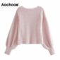 Aachoae Casual Lantern Long Sleeve Knitted Tops Lady O Neck Pink Color Cropped Sweater Women Elegant Cardigan Sweater Pull Femme