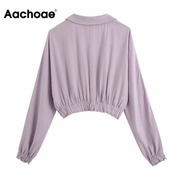 Aachoae Fashion Solid Blouse Women Batwing Long Sleeve Loose Shirt Notched Neck Elastic Waist Retro Short Blouses Tops Blusas