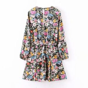 Aachoae Boho Styles Floral Mini Dress Women V Neck Hollow Out Beach Dresses Ladies Lantern Long Sleeve Female Pleated Dress 2020