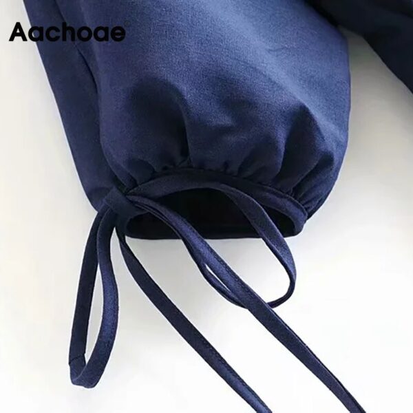 Aachoae Summer Navy Color Deep V Neck Playsuit Women Batwing Short Sleeve Elegant Playsuit Pleated Bow Cotton Linen Romper Lady