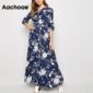 Aachoae 2020 Floral Print Long Women Dress Vintage Loose Female Buttons Shirt Dress Turn Down Collar Ladies Office Split Dresses
