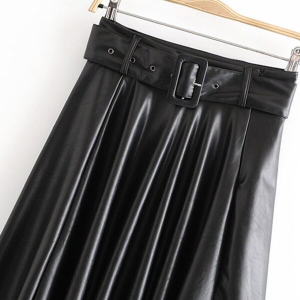 Aachoae Women Vintage Faux Leather Skirt With Belt 2020 Elegant Office Ladies Black PU Midi Skirt Pleated Casual Ladies Skirts