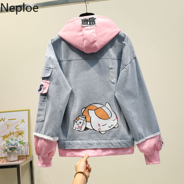 Neploe Fake Two-piece Hooded Denim Jacket Women Korean Loose Wild 2020 Autumn Winter New Chaqueta Mujer Hole Patch 46732